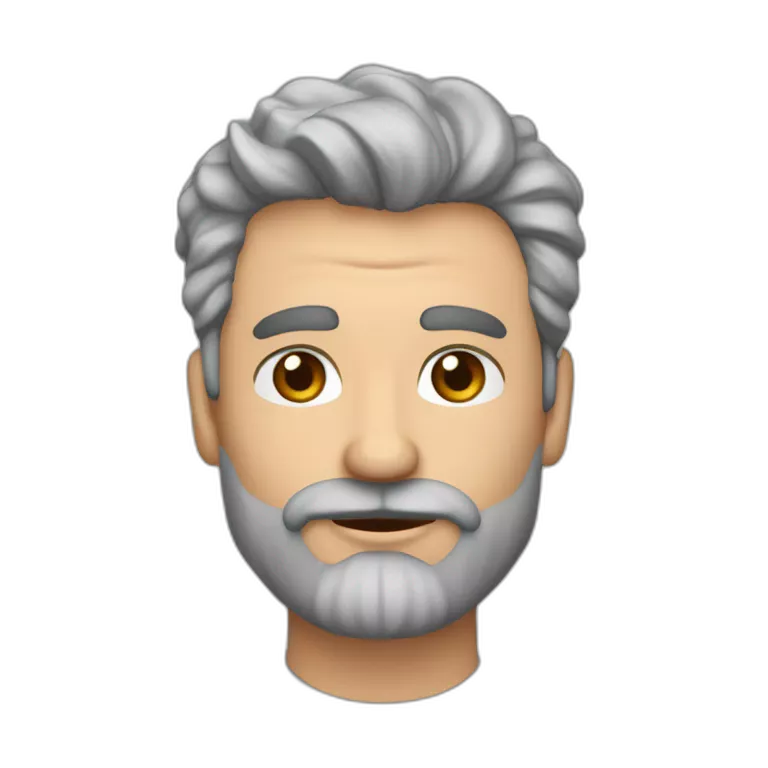 hombre de 47 años con el pelo corto y ondulado canoso, barba canosa cortita, boca grande y labios muy carnosos, ojos color gris claro