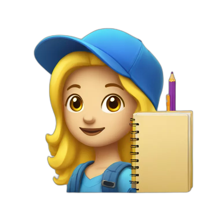 a girl with yellow hair in a blue hat with a yellow mallow holds a pen and a notebook in her hand