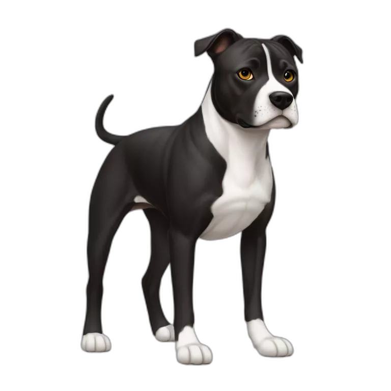 Staffi femmelle noir avec des chaussettes blanche  sur ses  pattes des tache de brunger et un trait blanc sur le museau