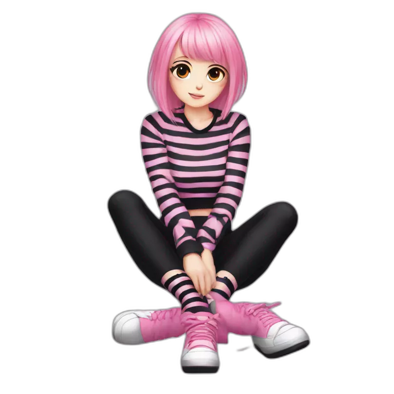 full body Front view emo girl sits on the floor black skirt pink knickers long striped socks