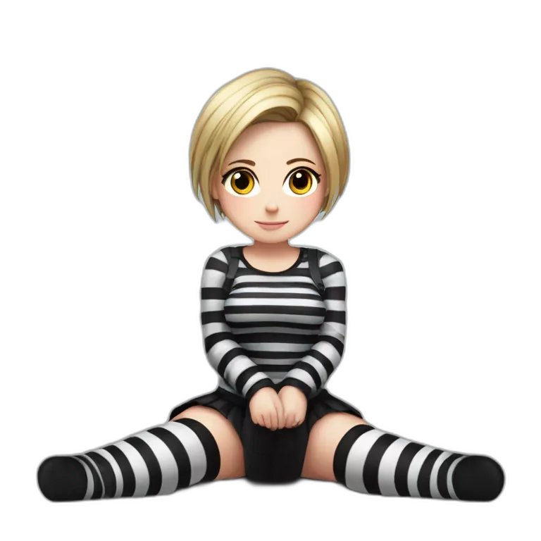 Full body Front view curvy emo girl sits on the floor straight view hands up black skirt striped stockings