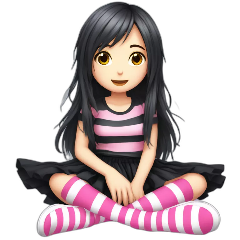 full body Front view emo girl sits on the floor black skirt pink knickers long striped socks