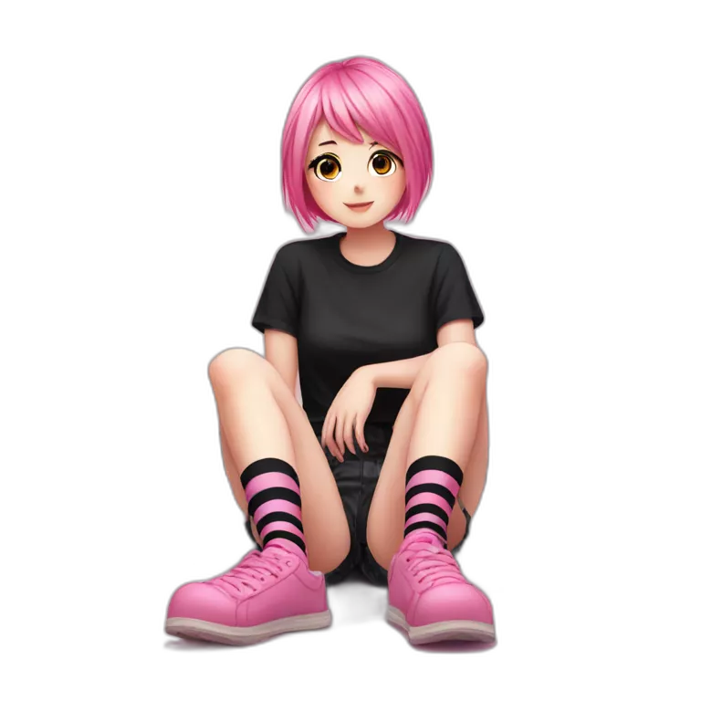 full body Front view emo girl sits on the floor black skirt pink knickers long striped socks
