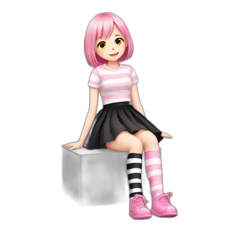 full body Front view emo girl sits on the floor black skirt pink knickers long striped socks