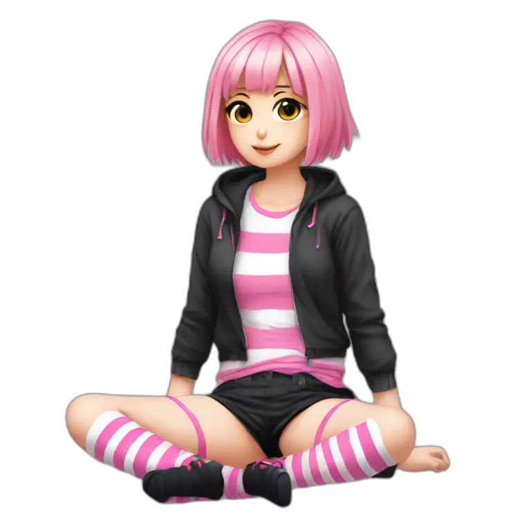 full body Front view emo girl sits on the floor black skirt pink knickers long striped socks