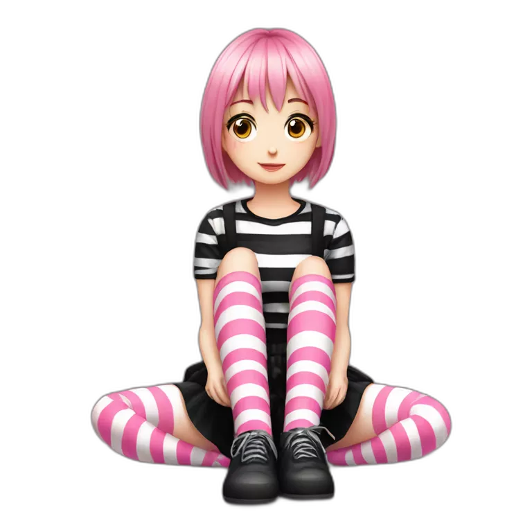 full body Front view emo girl sits on the floor black skirt pink knickers long striped socks