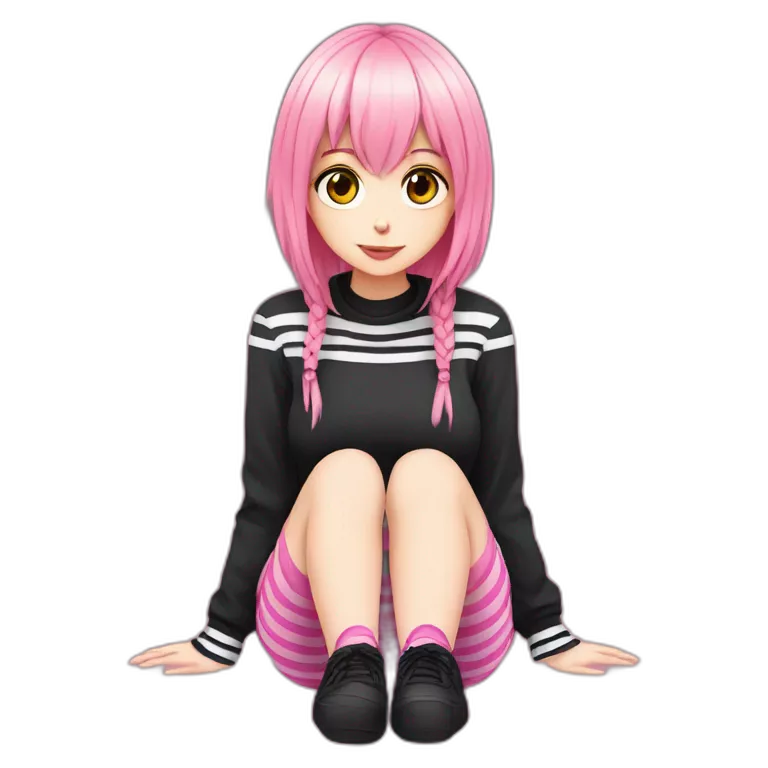 full body Front view emo girl sits on the floor black skirt pink knickers long striped socks