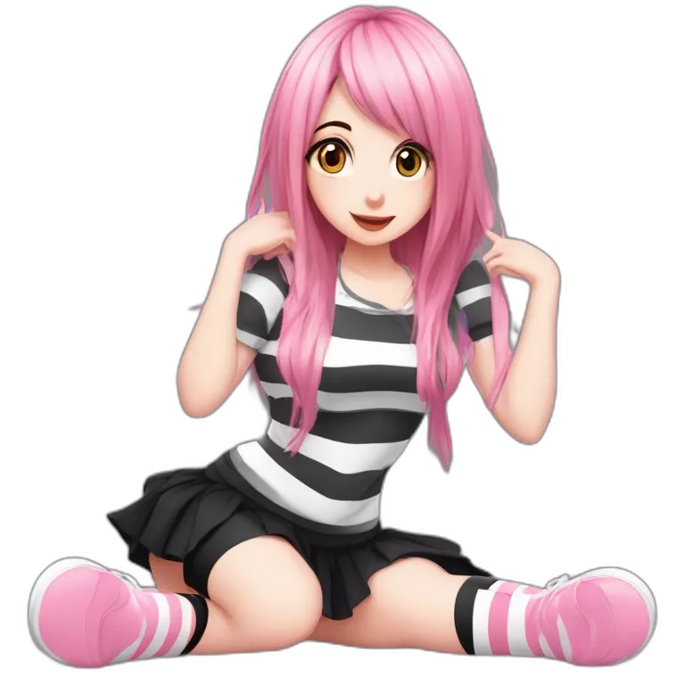 Full body Front view curvy emo girl sits on the floor straight view hands up black skirt striped stockings pink shorts