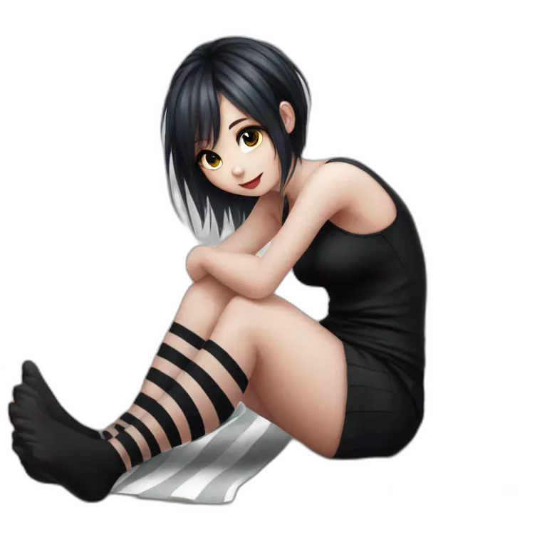 Full body Front view curvy emo girl sits on the floor straight view hands up black skirt striped stockings
