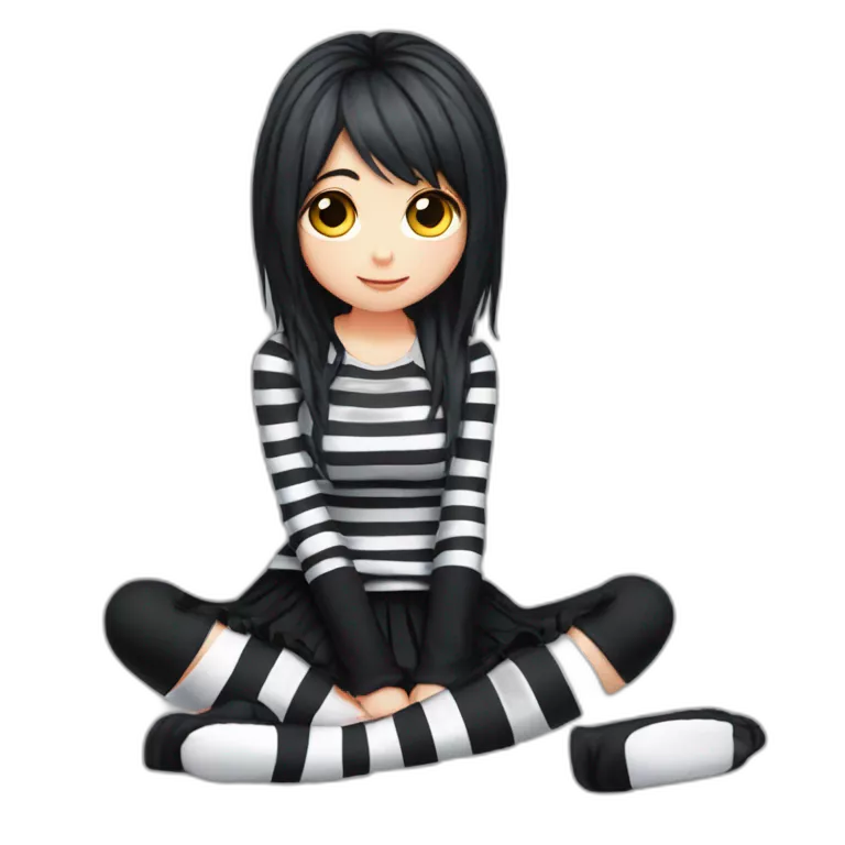 Full body Front view curvy emo girl sits on the floor straight view hands up black skirt striped stockings