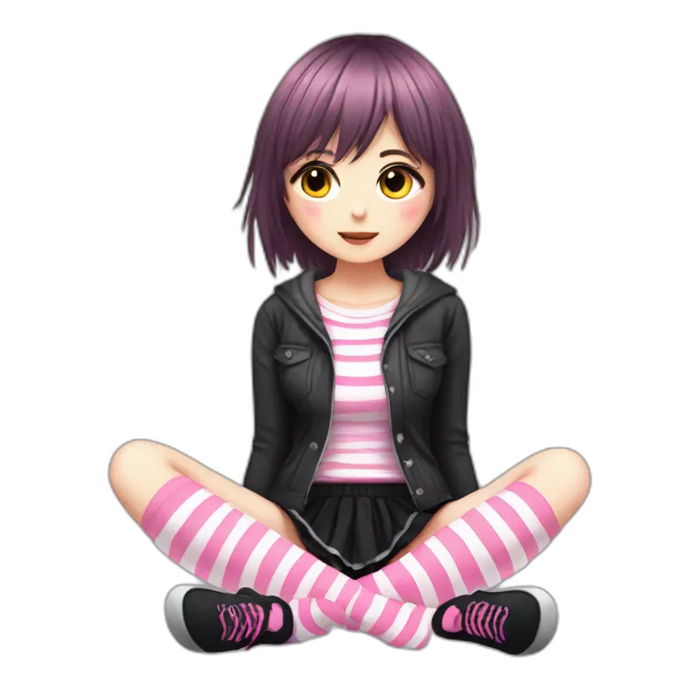 full body Front view emo girl sits on the floor black skirt pink knickers long striped socks