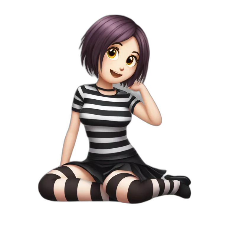 Full body Front view curvy emo girl sits on the floor straight view hands up black skirt striped stockings