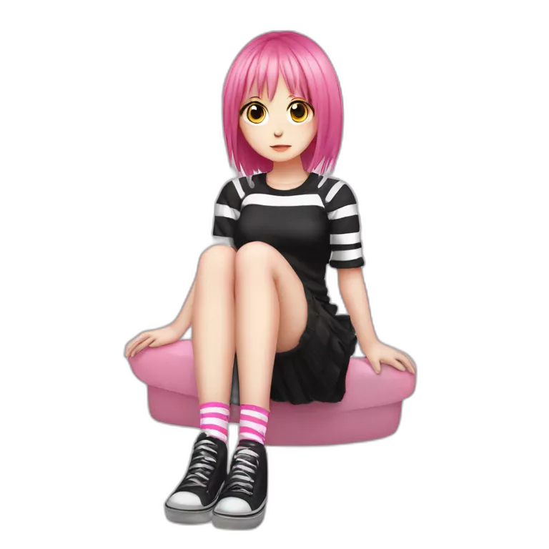full body Front view emo girl sits on the floor black skirt pink knickers long striped socks