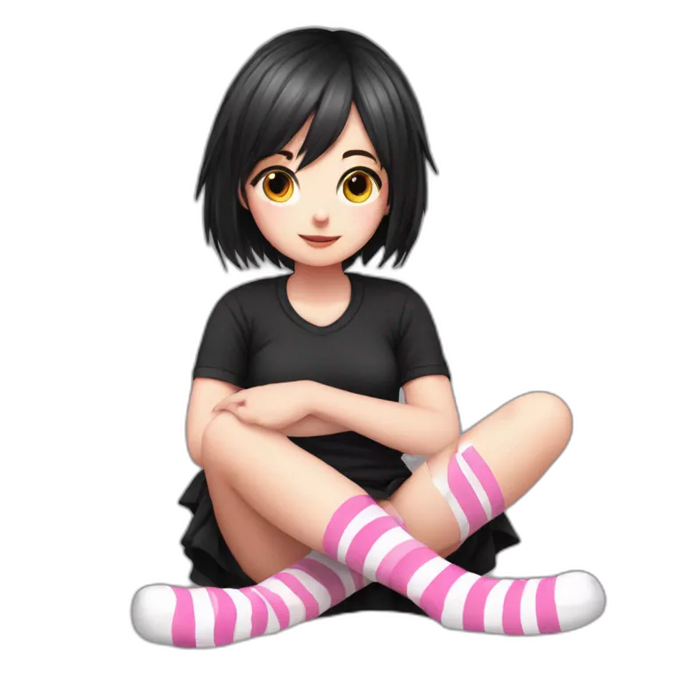full body Front view emo girl sits on the floor black skirt pink knickers long striped socks