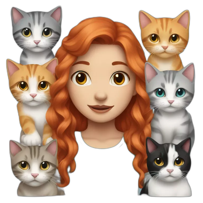 a red haired girl with aqua eyes surrounded by 9 cats of which  3 are black , 1 is white and grey , 5 are tabby grey
