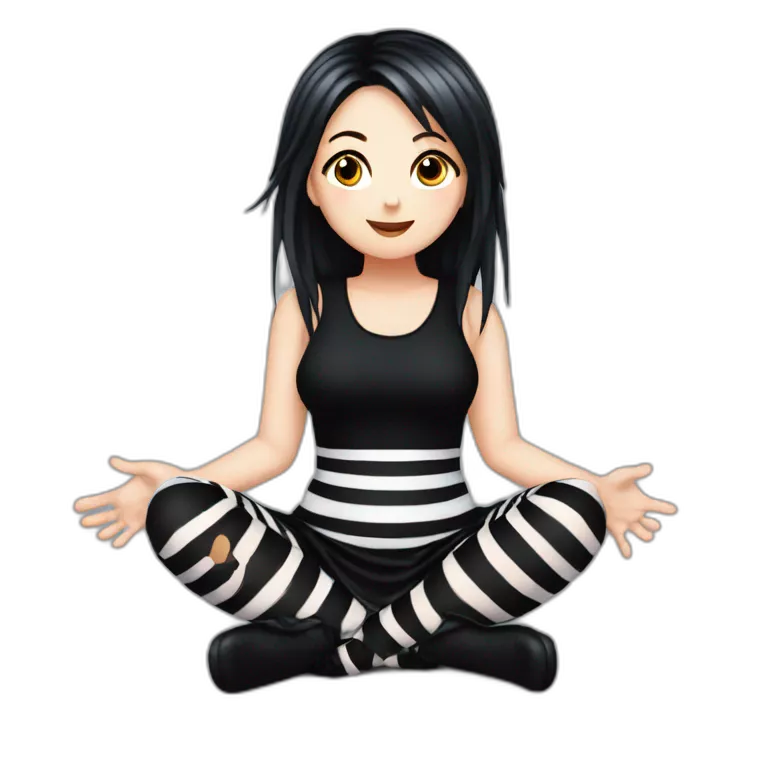 Full body Front view curvy emo girl sits on the floor straight view hands up black skirt striped stockings