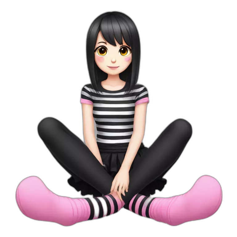 full body Front view emo girl sits on the floor black skirt pink knickers long striped socks