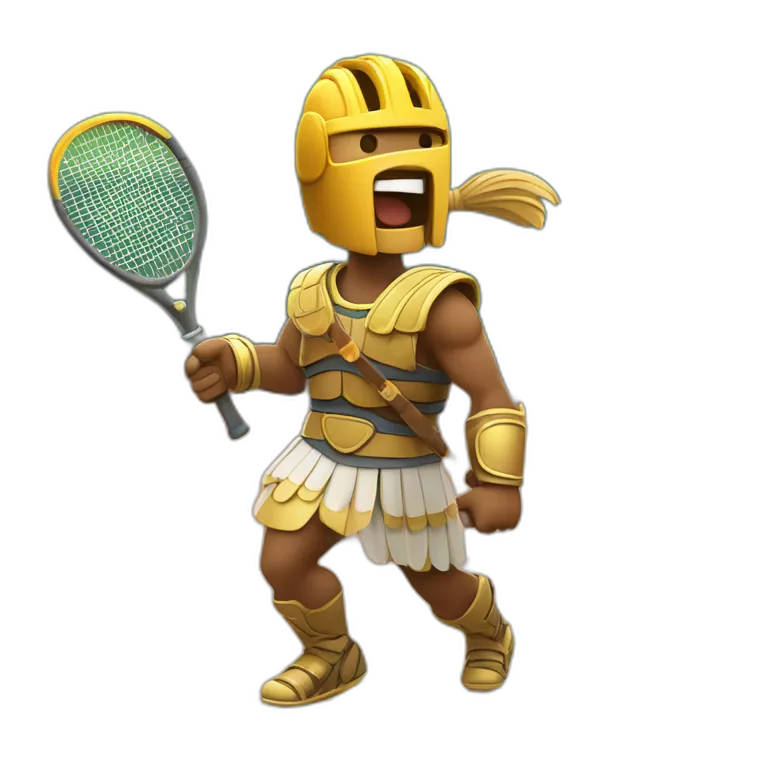 Roman gladiator with one tennis racket on right hand playing in tennis court