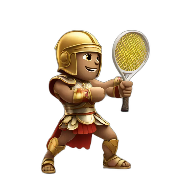 Roman gladiator with one tennis racket on right hand playing in tennis court