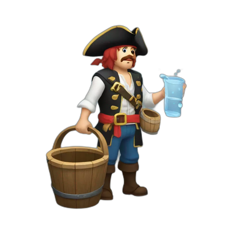 A pirate with an old wooden bucket filled with water in his hands. He is sending the water that is in this bucket away.