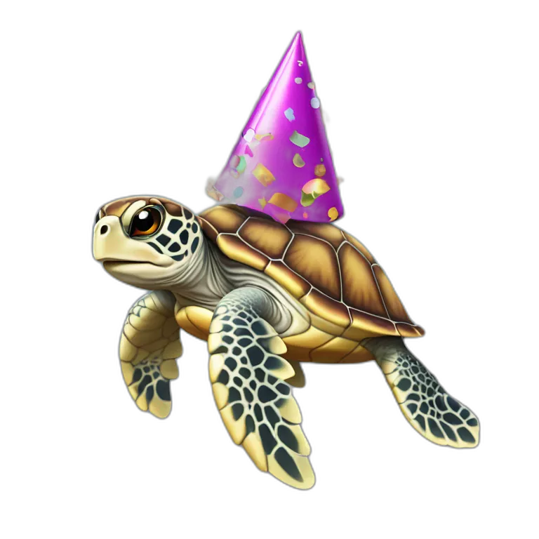 Sea turtle wearing party hat with confetti falling around it