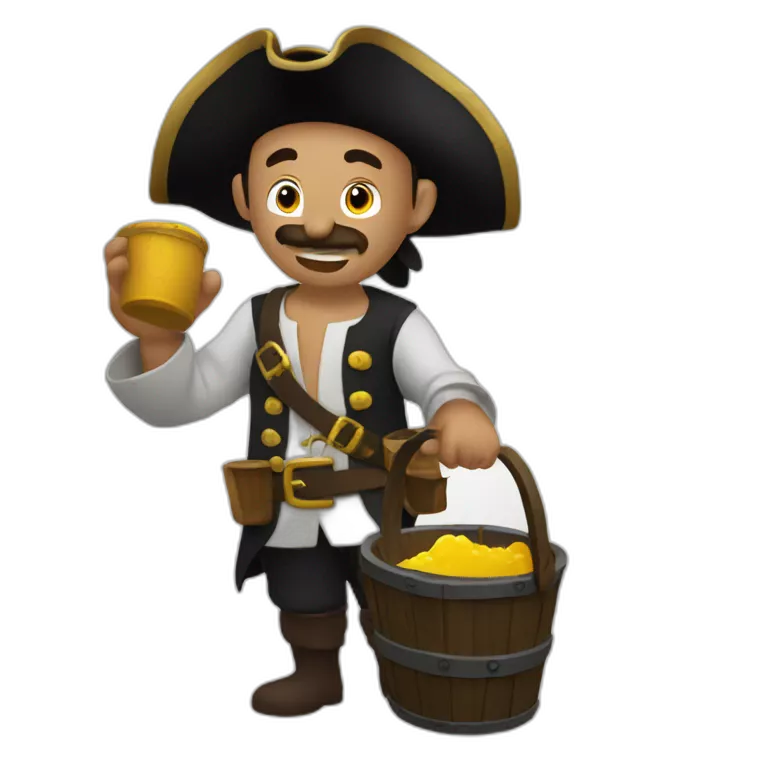 A pirate with an old wooden bucket in his hands. He is sending the water that is in the bucket away.