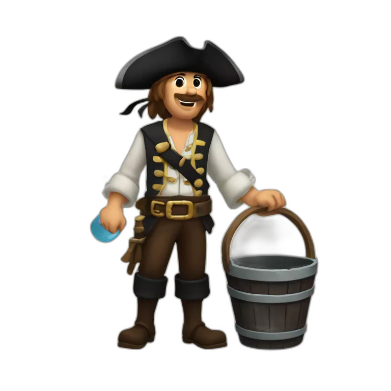 A pirate with an old wooden bucket in his hands. He is sending the water that is in the bucket away.
