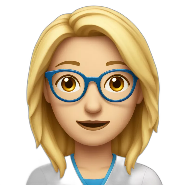 Leona mayor, rubia canosa, ojos azules, con lentes muy Rojo redondos, alegre