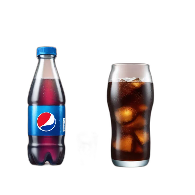 A plastic bottle of Pepsi cola next to a glass of cola