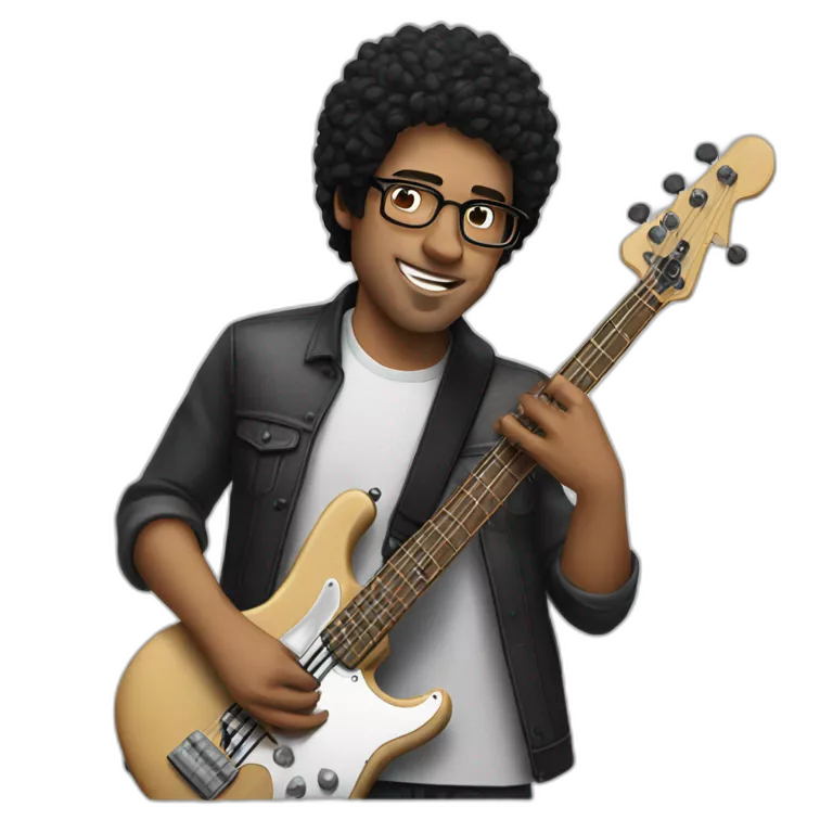 white guy, black hair, wearing glasses, playing bass guitar