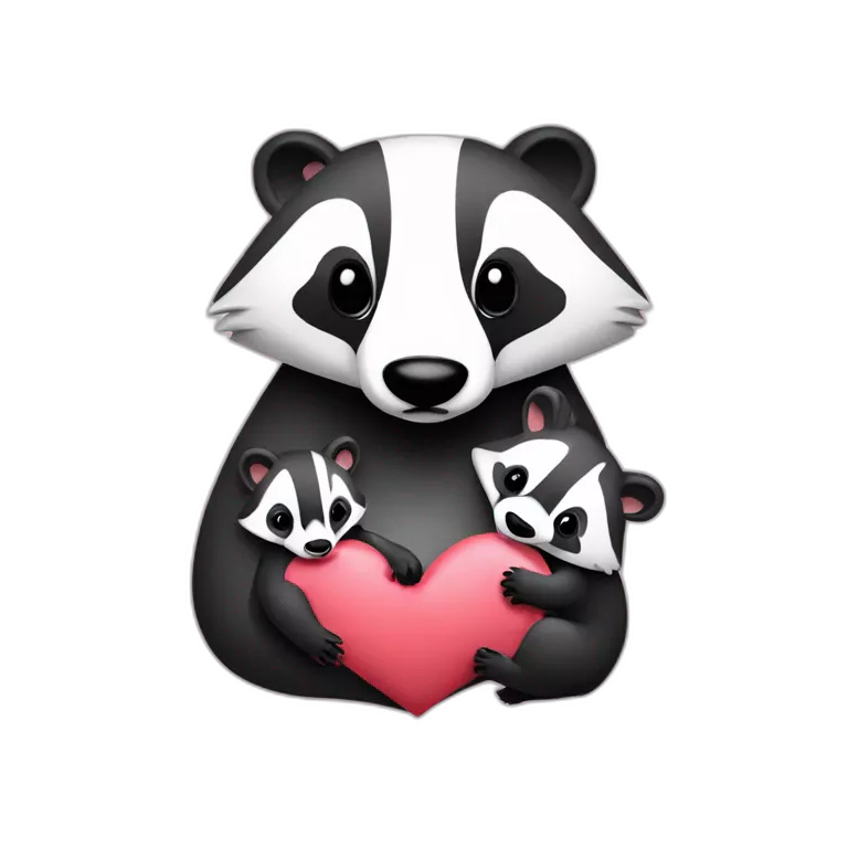 daddy badger holding a female baby badger with hearts aroud them
