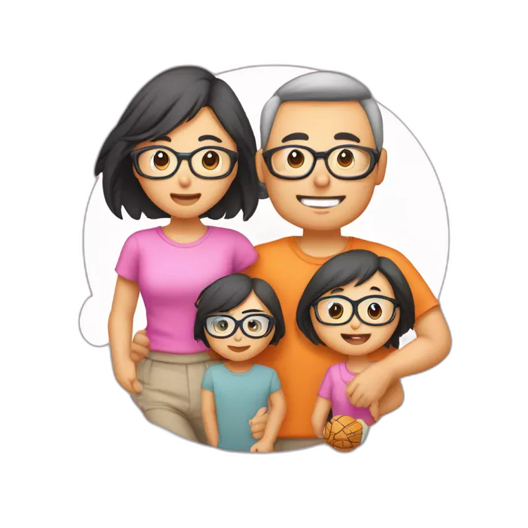 Famille 4 personne un fils aîné avec un t-shirt de basket une fille cadette au cheveux long avec des lunette un père asiatique une mère avec des formes