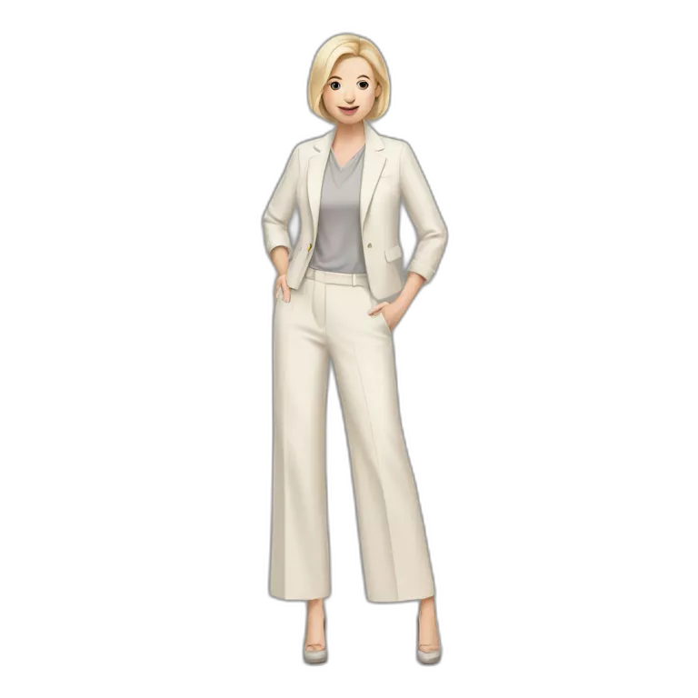 Full height Actively gesturing with hands pale skin woman with ash blonde Straightened bob Hair, White Spacious classical jacket, beige palazzo Arrow pants and gray blouse