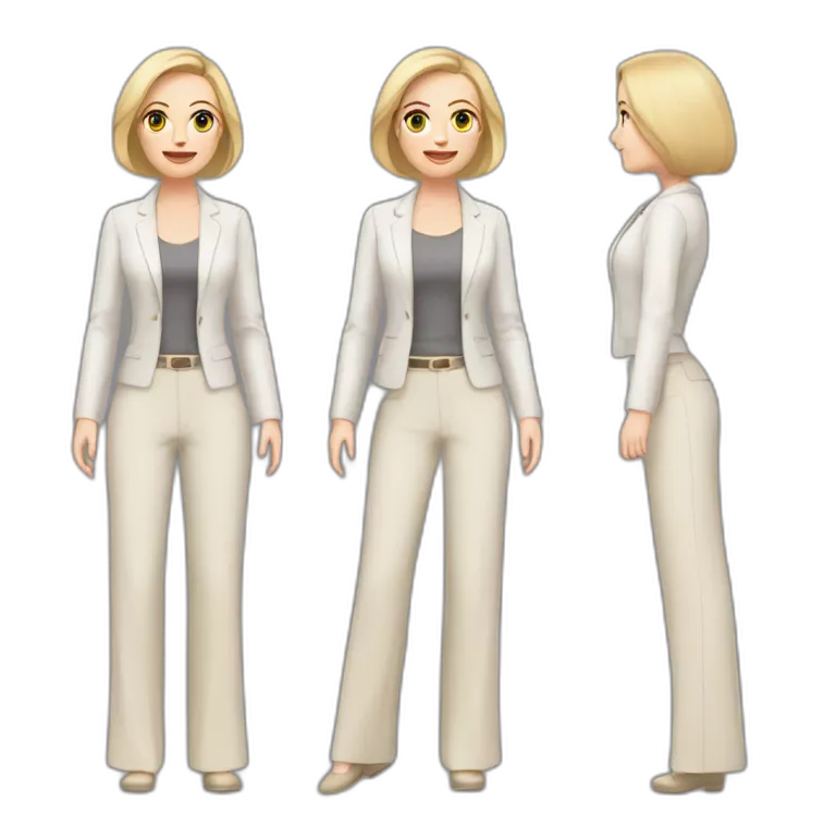 Full height Actively gesturing with hands pale skin woman with ash blonde Straightened bob Hair, White Spacious classical jacket, beige palazzo Arrow pants and gray blouse