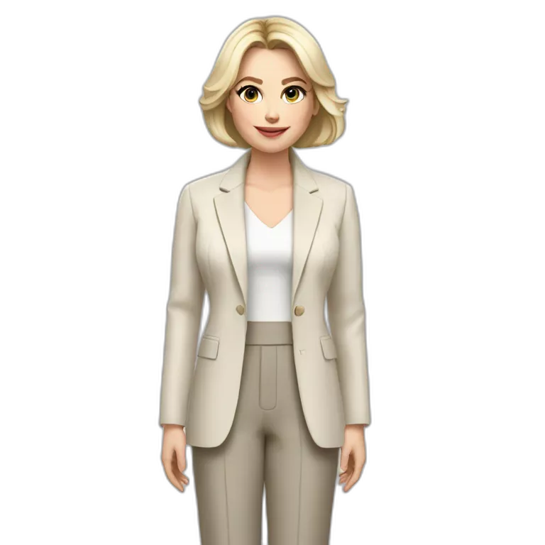 Full height Actively gesturing with hands pale skin woman with ash blonde Straightened bob Hair, White Spacious classical jacket, beige palazzo Arrow pants and gray blouse