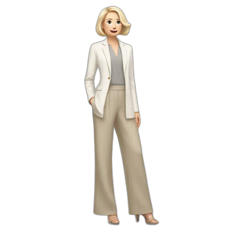 Full height Actively gesturing with hands pale skin woman with ash blonde Straightened bob Hair, White Spacious classical jacket, beige palazzo Arrow pants and gray blouse