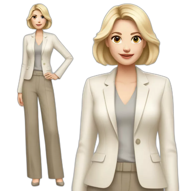 Full height Actively gesturing with hands pale skin woman with ash blonde Straightened bob Hair, White Spacious classical jacket, beige palazzo Arrow pants and gray blouse