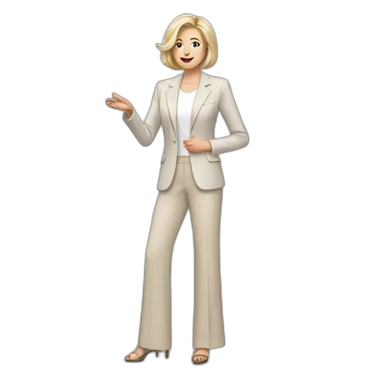 Full height Actively gesturing with hands pale skin woman with ash blonde Straightened bob Hair, White Spacious classical jacket, beige palazzo Arrow pants and gray blouse