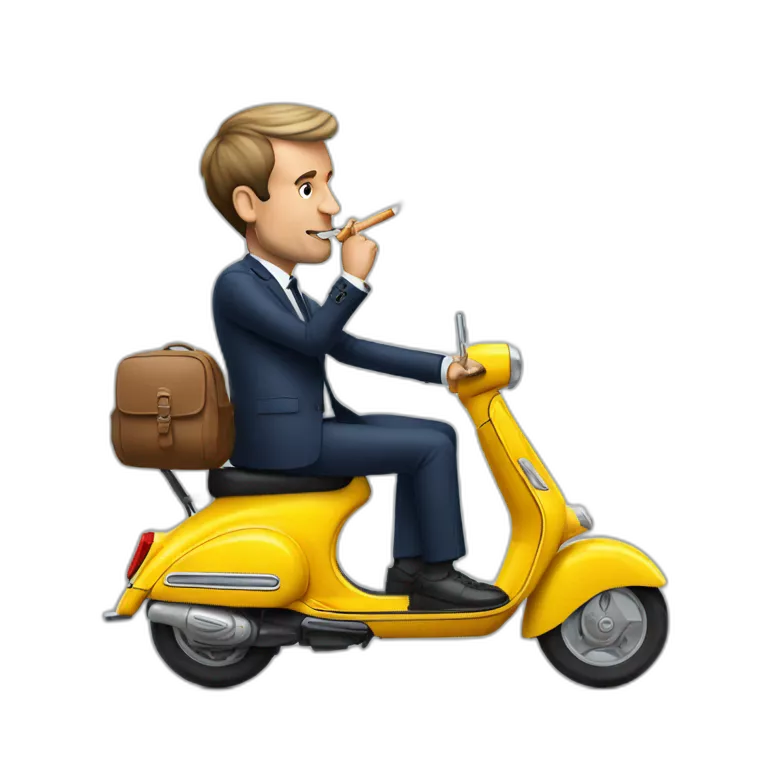 Emmanuel Macron sur un scooter qui fume une cigarette