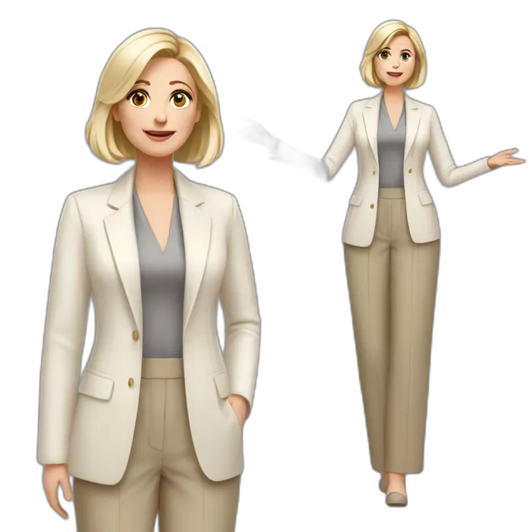 Full height Actively gesturing with hands pale skin woman with ash blonde Straightened bob Hair, White Spacious classical jacket, beige palazzo Arrow pants and gray blouse