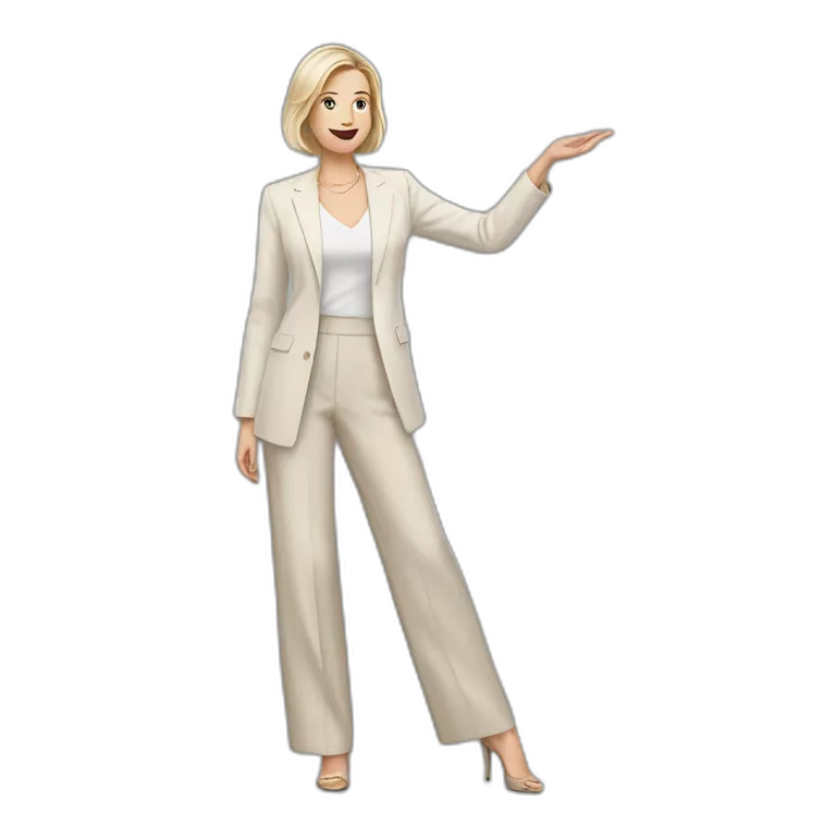 Full height Actively gesturing with hands pale skin woman with ash blonde Straightened bob Hair, White Spacious classical jacket, beige palazzo Arrow pants and gray blouse