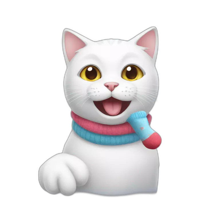A white cat holding a sock in his mouth