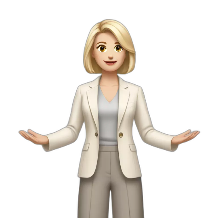 Full height Actively gesturing with hands pale skin woman with ash blonde Straightened bob Hair, White Spacious classical jacket, beige palazzo Arrow pants and gray blouse