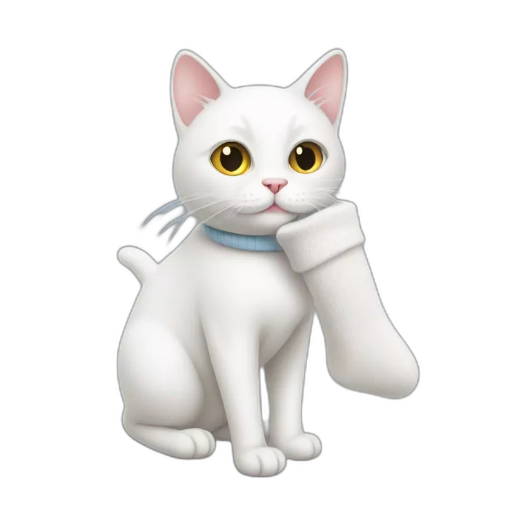 White cat carrying a sock on his mouth