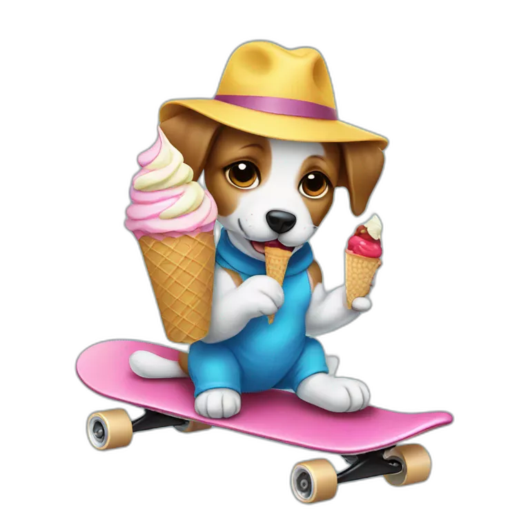 Puppy wearing a hat eating ice cream on a skateboard