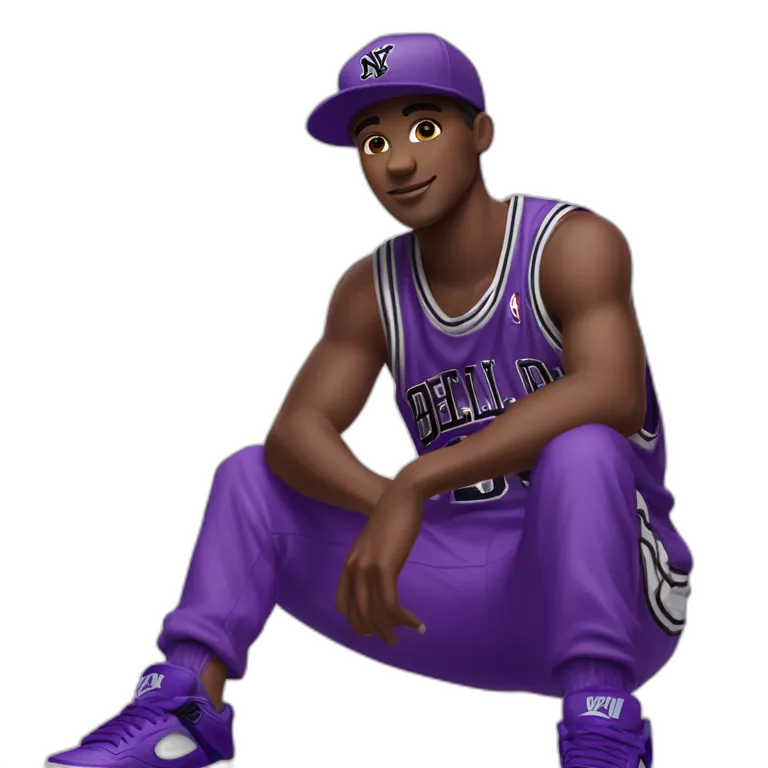Young, dark-skinned guy in violet attire, wearing a violet NY cap and rocking violet Jordan 4s. 🟣🧢👟