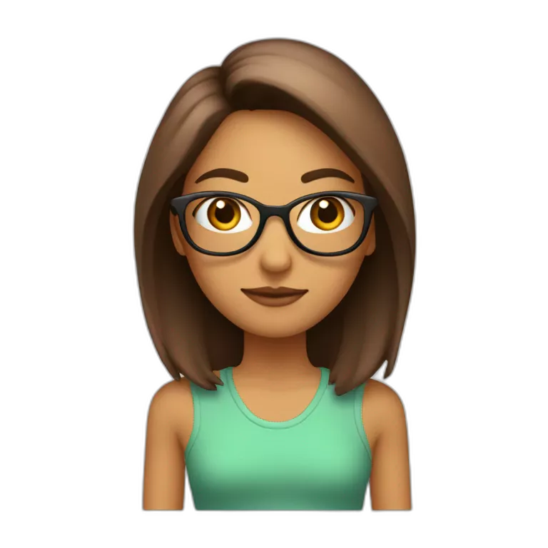 Chica delgada piel blanca, pelo marron liso hasta los hombros con lentes rosados