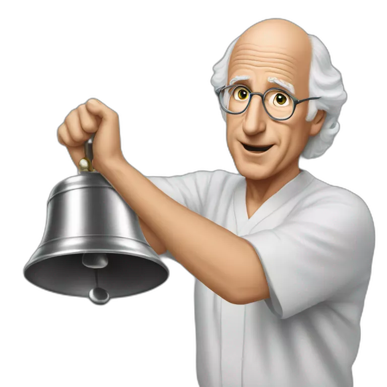Larry David ringing a bell in his hand
