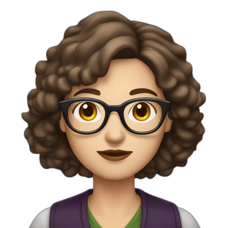 Witchy librarian with shoulder-length brown hair and glasses