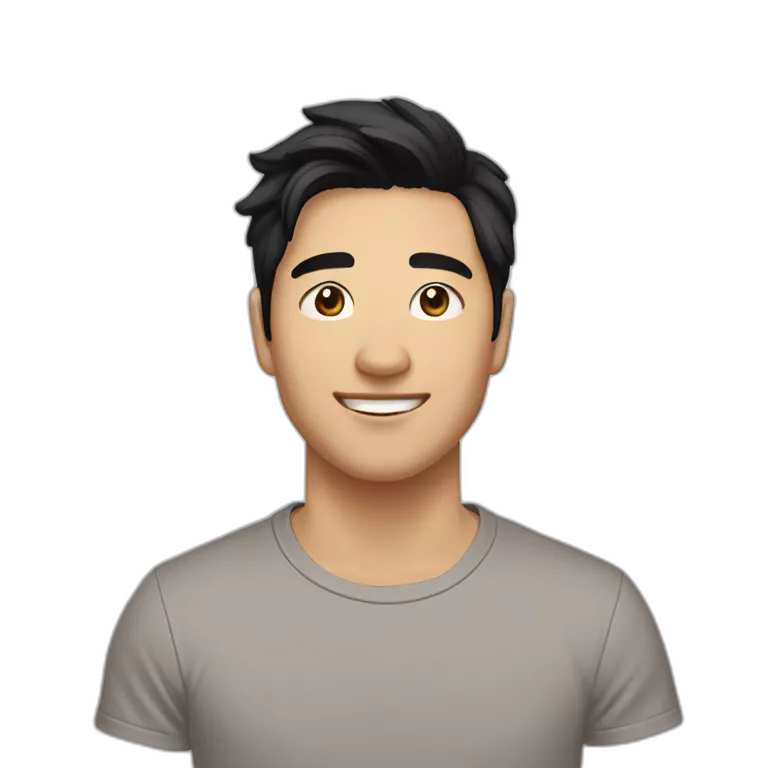 guy, black hair, medium length hair, in his 20s, very asian, smiling, t-shirt only, slight brown skin, dark brown eyes, slighty wavy hair